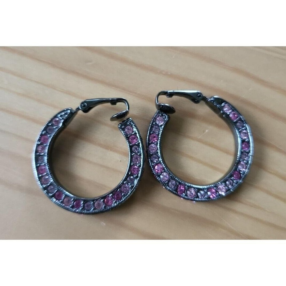 Kenneth Jay Lane Pink Pave Crystal Gunmetal Hoop Clip-On Earrings Signed Vintage